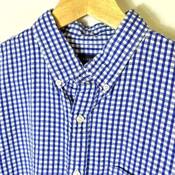 J. Crew Royal Blue White Gingham Check Seersucker SS Buttondown Shirt Sz L - Picture 3 of 12